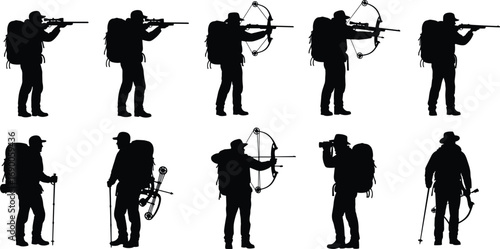 Silhouettes of hunters with rifles, bows, backpacks, and trekking poles, wilderness survival, outdoor lifestyle, archery and hunting gear