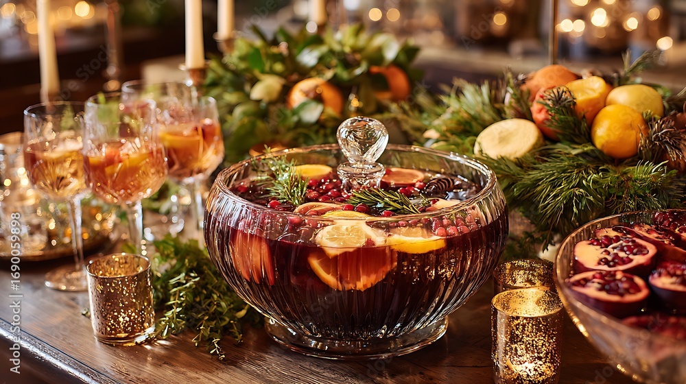 Fototapeta premium Festive holiday punch bowl with fruit and garnishes on a decorated table