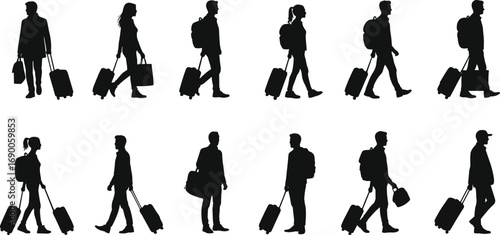 Silhouettes of people walking with luggage, business travelers, tourists with bags and backpacks, travel concept, airport and journey illustration.
