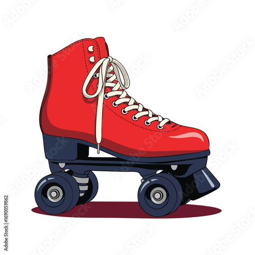 A classic red high-top quad roller skate with white laces and a dark blue chassis.