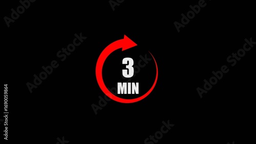 Abstract glowing 3 minutes illustration on black background.