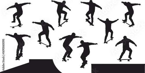 Silhouettes of skateboarders performing tricks, skate park action, street sport, jump and grind moves, urban lifestyle, extreme skateboarding culture