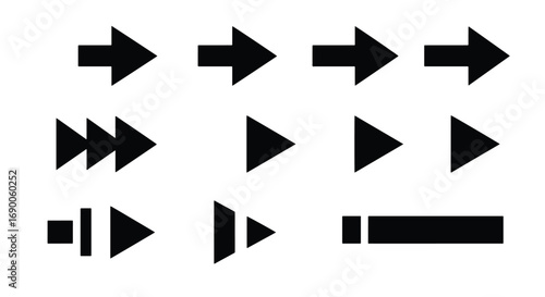 A collection of black arrow icons and media playback symbols, including play, fast forward, and next track controls, arranged in rows.