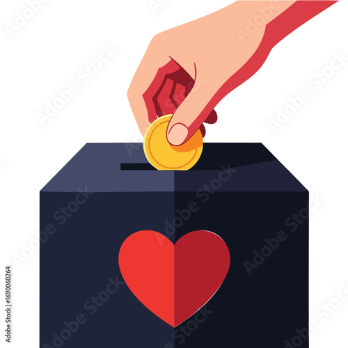 Hand dropping coin into donation box with heart symbol.