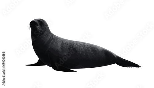 A majestic California sea lion, a wild marine mammal with dark brown fur, stands isolated on a white background