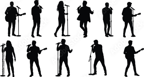 Singer silhouettes with microphone, male and female musicians, guitar players performing, concert stage illustration, live music entertainment, band show design