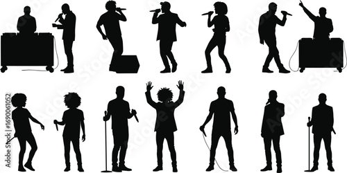 Singers, microphone, DJ, music performance, concert stage, live music, vocalists, music artists, entertainment, music event, crowd interaction, music show, band, pop singers.