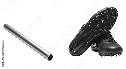SPORT - Black metal running spikes and shiny aluminum relay baton for track and field sports and athletics competitions