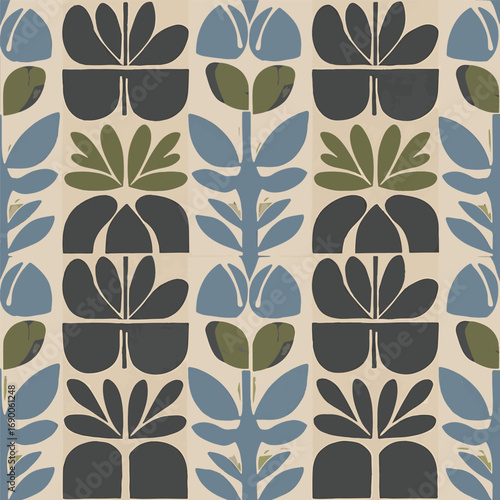 Retro floral pattern with mid-century modern design in muted earthy tones, seamless pattern, Stock royalty free image.