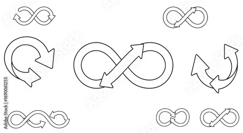 Various stylized infinity symbols with arrows, illustrating concepts of cycles and repetition.