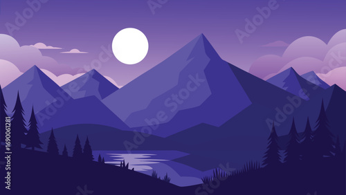 Illustration of Purple Mountains, Trees, and Lake Under a Full Moon Sky
