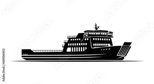 A black and white silhouette illustration of a large passenger and car ferry ship.