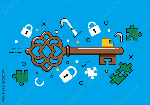 Vintage ornate key unlocking problem solving concept with puzzles and locks