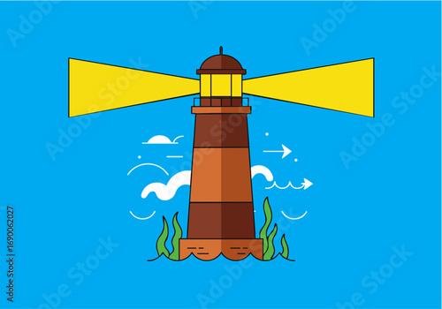 Lighthouse shining light beacon over the ocean at night flat design