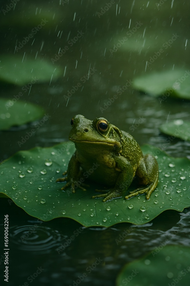 Obraz premium Hyper-Realistic Frog on Lotus Leaf in Rainy Pond – Natural Wildlife Scene with Ripples, Droplets, and Shallow Depth of Field