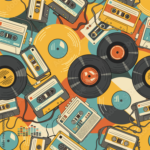 Retro music pattern featuring vinyl records and cassette tapes illustration, patern seamless, royalty stock.