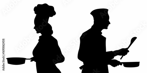 Silhouette of two chefs one female and one male cooking with pan and spoon facing opposite directions | editable eps vectors