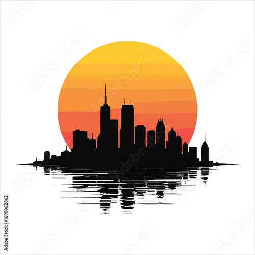 city skyline vector illustration, city, skyline, silhouette, cityscape, building, sunset, vector, architecture, urban, sky, tower, illustration, skyscraper, buildings, downtown, travel, sun, town, bus