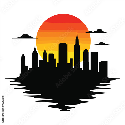 city skyline vector illustration, city, skyline, silhouette, cityscape, building, sunset, vector, architecture, urban, sky, tower, illustration, skyscraper, buildings, downtown, travel, sun, town, bus
