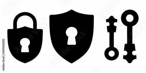 Black silhouettes of a padlock a shield and two keys security and protection theme vector illustration | editable eps vectors