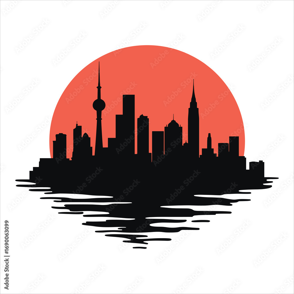 Obraz premium city skyline vector illustration, city, skyline, silhouette, cityscape, building, sunset, vector, architecture, urban, sky, tower, illustration, skyscraper, buildings, downtown, travel, sun, town, bus