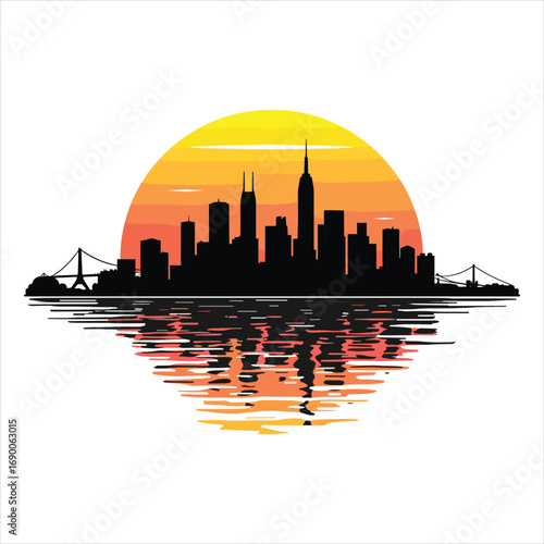 city skyline vector illustration, city, skyline, silhouette, cityscape, building, sunset, vector, architecture, urban, sky, tower, illustration, skyscraper, buildings, downtown, travel, sun, town, bus