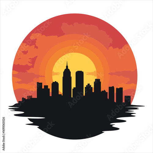 city skyline vector illustration, city, skyline, silhouette, cityscape, building, sunset, vector, architecture, urban, sky, tower, illustration, skyscraper, buildings, downtown, travel, sun, town, bus