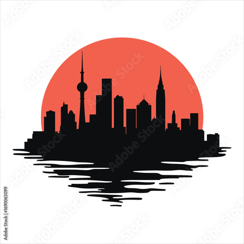 city skyline vector illustration, city, skyline, silhouette, cityscape, building, sunset, vector, architecture, urban, sky, tower, illustration, skyscraper, buildings, downtown, travel, sun, town, bus