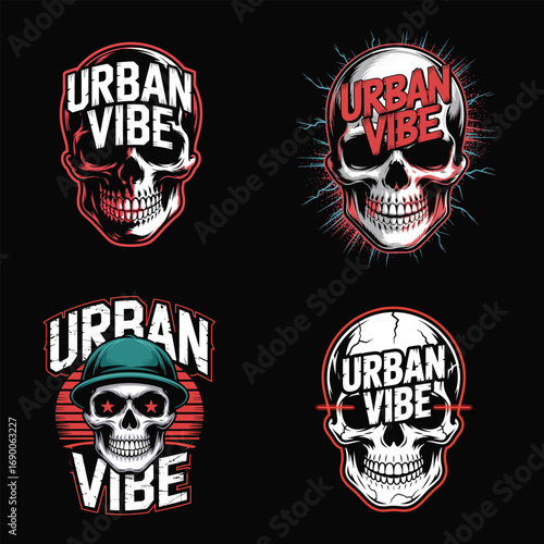 Four skull emblems with urban vibe text graphic