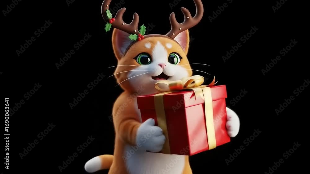 Cute animated cat wearing reindeer antlers joyfully holding a red gift box against a black background Cute animated cat wearing reindeer antlers joyfully holding a red gift box against a black background