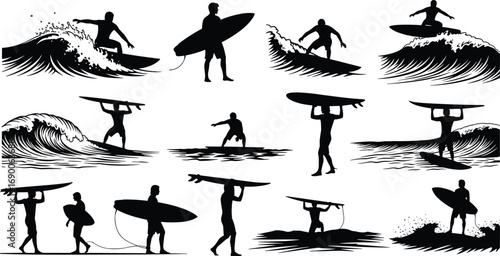 Surfing silhouettes, surfers riding waves, beach lifestyle, ocean sport, surfboard poses, extreme water activity, wave rider illustration, coastal adventure, tropical surf, freedom
