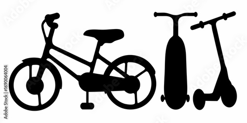 Silhouette image of a bicycle and two scooters side by side in a black and white illustration | editable eps vectors