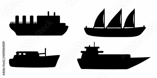 Silhouette representations of a cargo ship a sailboat a motorboat and a ferry boat in black and white color scheme | editable eps vectors
