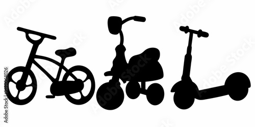 Silhouette view showing a bicycle a tricycle and a scooter aligned side by side on a white background | editable eps vectors