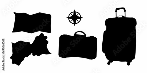 Silhouette of travel items including map compass suitcase and briefcase on a white background design vector | editable eps vectors