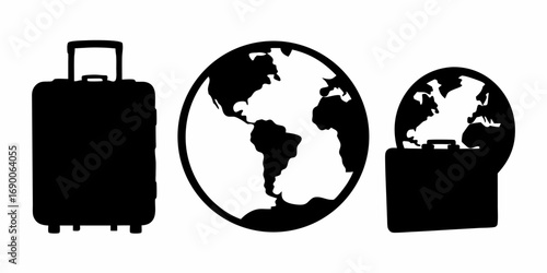 Illustration showing a suitcase next to a globe and another suitcase with a globe behind it | editable eps vectors silhouette