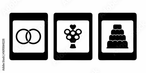 Three square icons displaying wedding rings a flower bouquet and a tiered wedding cake in black and white | editable eps vectors silhouette
