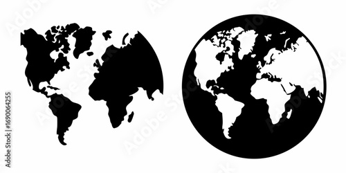 Two black and white world map illustrations showing continents and oceans on a white background design art | editable eps vectors silhouette