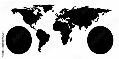Black and white world map silhouette with two large black circles on the left and right sides of the image | editable eps vectors