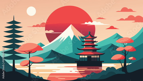 Japanese Pagoda Landscape with Red Sun, Teal Mountains, and Stylized Trees Illustration