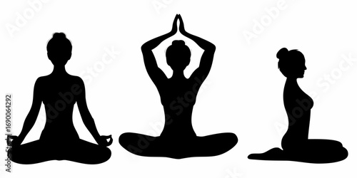 Three yoga poses silhouettes showing meditation and relaxation in different positions on a white background | editable eps vectors
