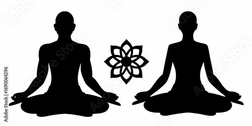 Two silhouettes in lotus position facing each other with a flower in the middle in black and white color | editable eps vectors