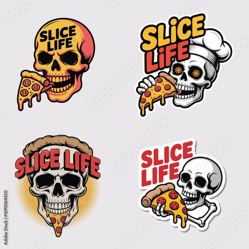 Skull eating pizza slice life food