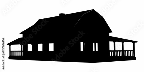 Silhouette of a two story house with a porch and visible windows and roof with a chimney on white background | editable eps vectors