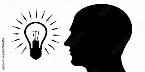 Silhouette of head facing a lightbulb with rays emanating, representing an idea or inspiration concept | editable eps vectors