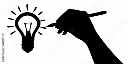 Silhouette of a hand holding a pen pointing towards a lightbulb symbolizing idea generation process | editable eps vectors