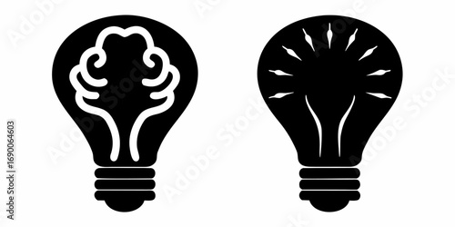 Two lightbulbs one with a brain and the other with light rays in black and white illustration style | editable eps vectors silhouette