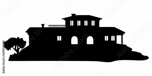 Silhouette of a two story house with multiple windows and a tree on the side of the house structure | editable eps vectors
