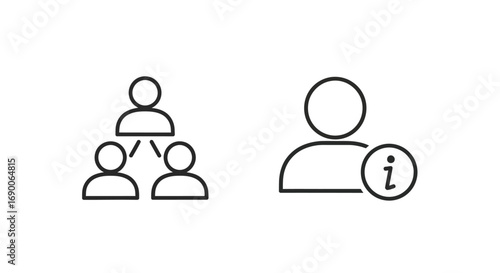 Vector illustration of two line art icons representing people and information a group of connected figures and a single person with an information symbol