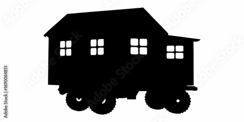 Silhouette of a mobile home with windows and wheels against a white background in simple black and white style | editable eps vectors